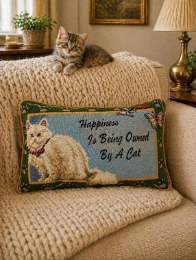 Vintage Cat Tapestry Pillow Cottagecore Grannycore Cottage Cat Lover Decor 13x9
